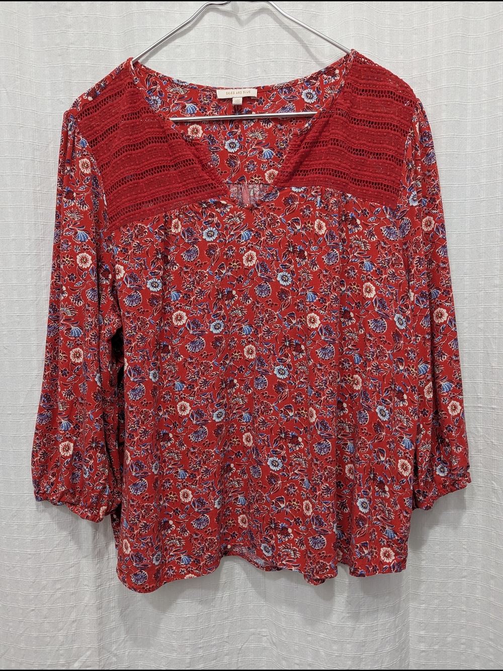 Red Floral Crochet-Yoke Women's Blouse Cottagecore Floral Size XXL